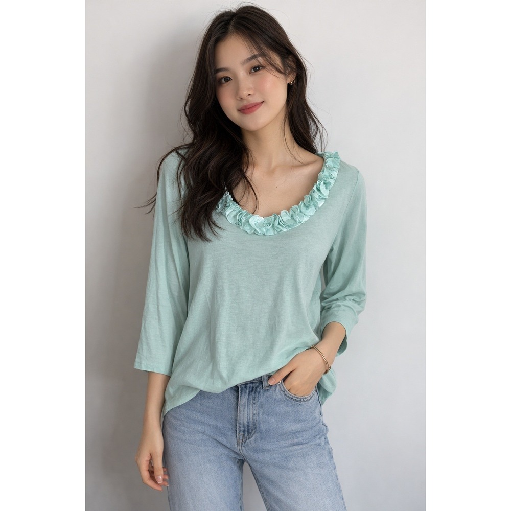 Talbots-‎ Teal Blue 3/4 Sleeve Top with Ruffled Neckline Size S